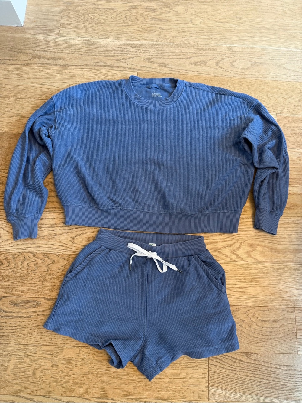 Aerie New Love Corded Cropped Crew Sweatshirt & Shorts Set in Somber Navy, S